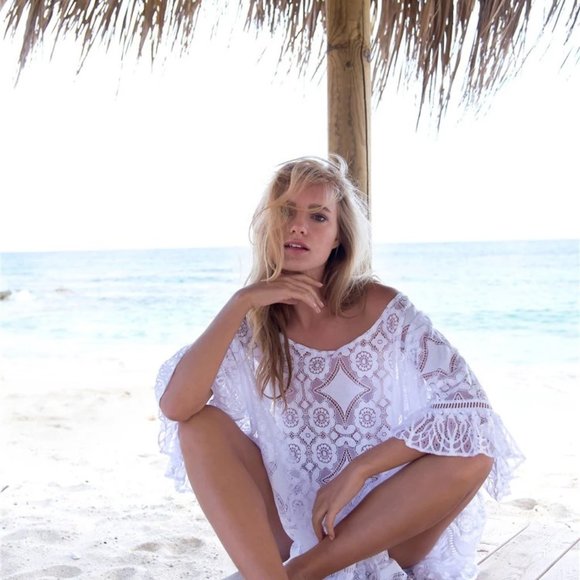 Sheer lace see through bikini cover up White Beach Dress swim cover up - Picture 6 of 7